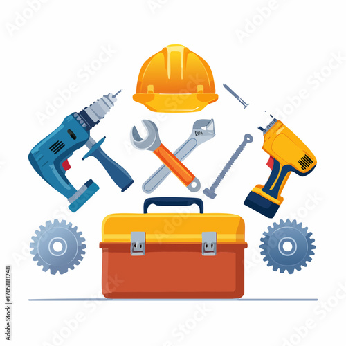 Vector illustration set of essential construction and repair equipment including a toolbox, power drill, safety helmet, and hand tools