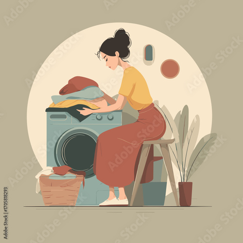 Young woman doing laundry while sitting on stool by washing machine  