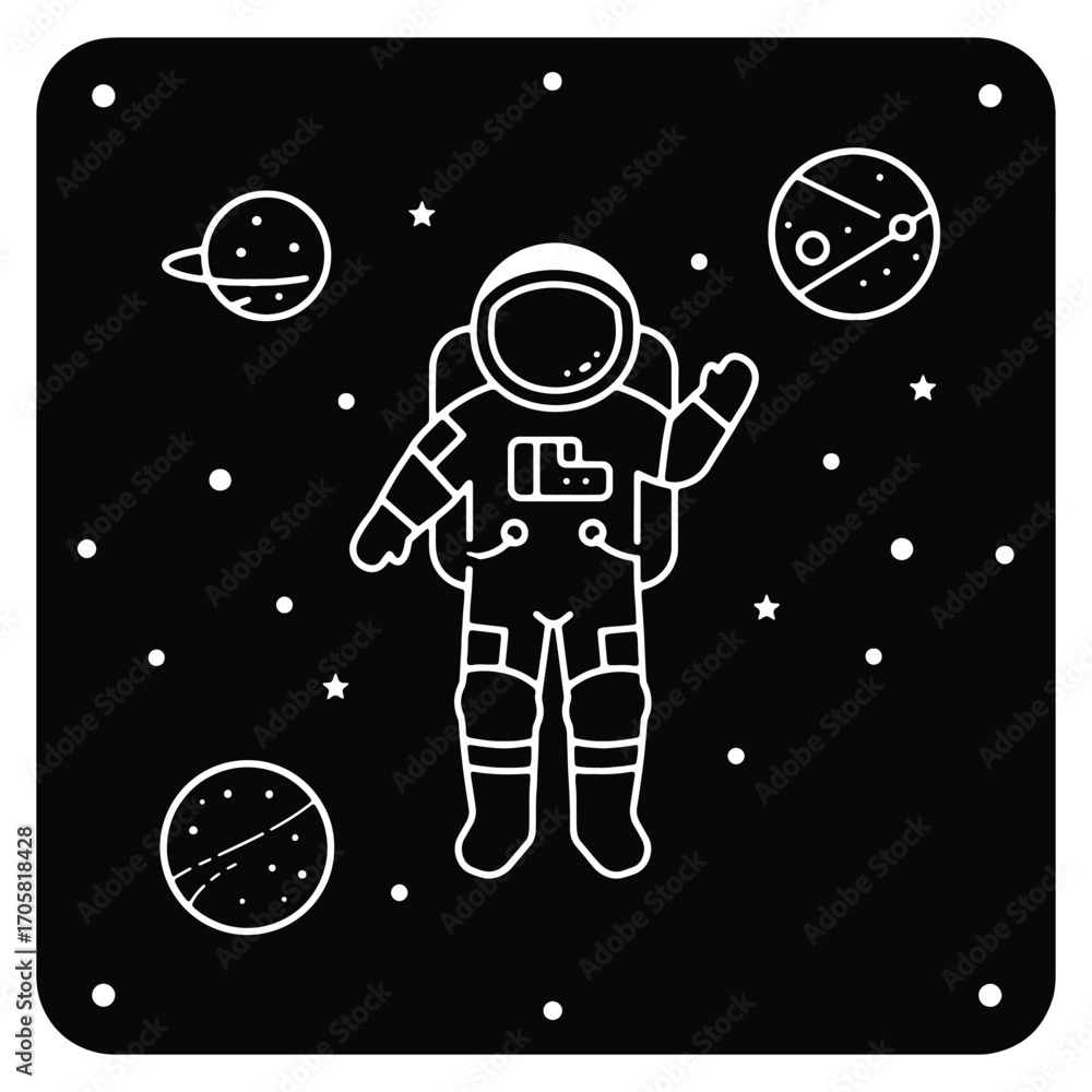 Naklejka premium Astronaut in Space with Planets and Stars Outline Style Illustration Concept Art Background for Science and Exploration Imagery