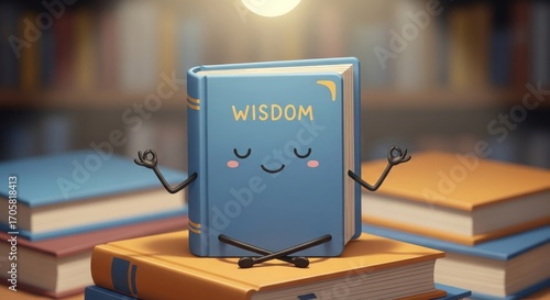 Wise book in meditation pose on a pile of books