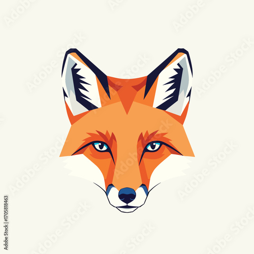 A symmetrical stylized orange fox head with piercing blue eyes and blacktipped ears.