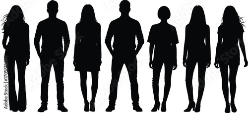 Group of diverse men and women silhouettes standing, casual poses, mixed gender, people outline, isolated black figures, modern fashion style