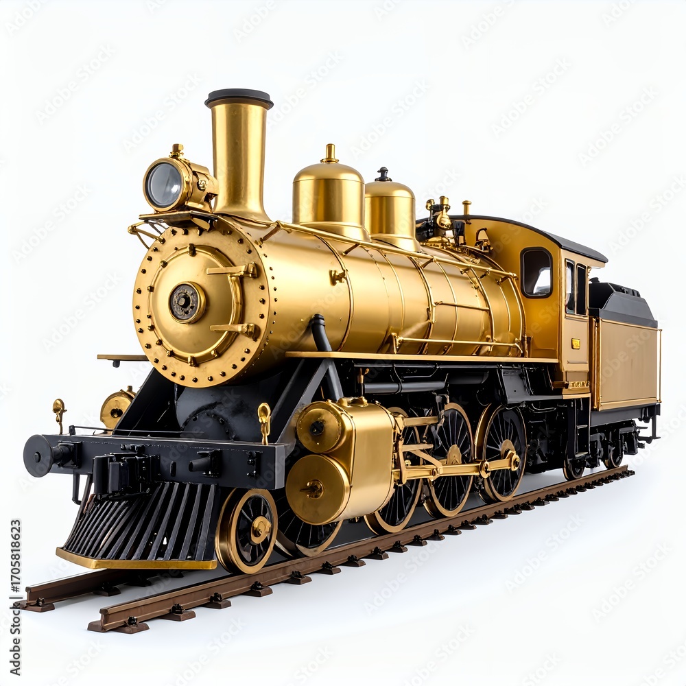 Naklejka premium Golden era locomotive rendering, emphasizing mechanical grandeur and design aesthetics on white background