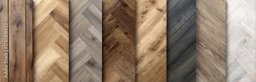 Wooden flooring samples displaying chevron pattern in various colors