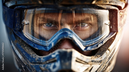 Person Wearing Blue Dirt Bike Helmet and Goggles Close Up