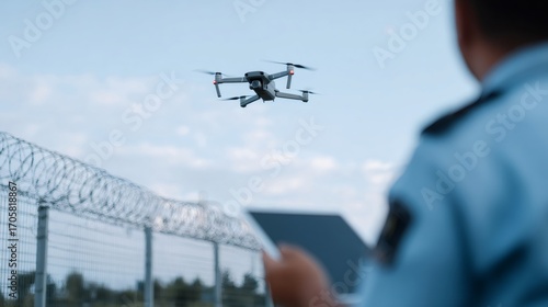 Police officer piloting drone for surveillance near prison fence