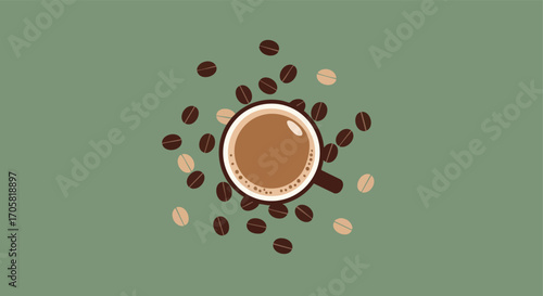 Aromatic Brew: A simple coffee cup sits elegantly surrounded by coffee beans, perfectly capturing the rich essence and aroma of a delightful beverage. 
