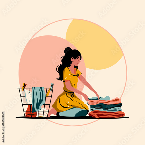 Woman folding laundry while sitting on floor in bright room  