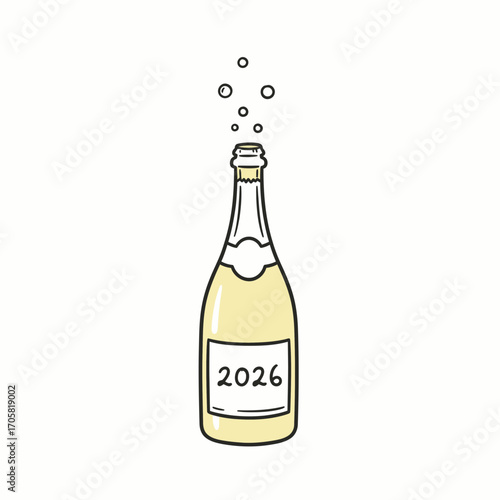 Cartoon champagne bottle with 2026 label, celebrating the new year.
