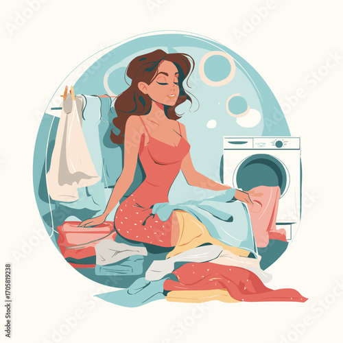 Young woman sitting on pile of laundry by washing machine at home  
