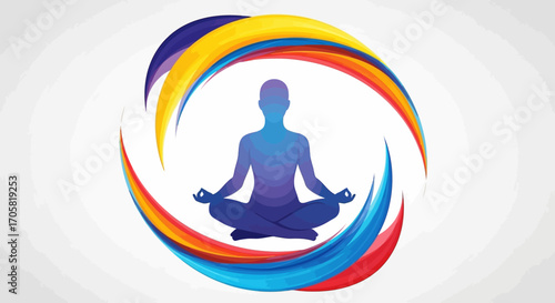 Silhouette of a person in a yoga lotus pose meditating within a vibrant, colorful abstract swirl representing spiritual energy and wellness