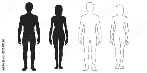 Two filled human body silhouettes and two outline human body figures on white background vector illustration