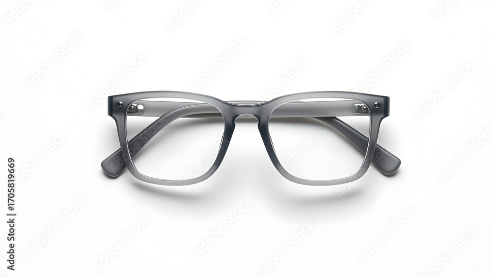 Fototapeta premium Square nerd glasses flat-lay, matte gray transparent frames, centered composition, clear reflections, subtle shadow, minimalist style.