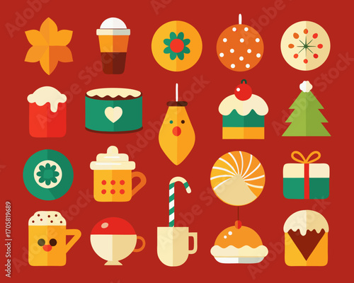 Festive holiday treats and decorations in flat design