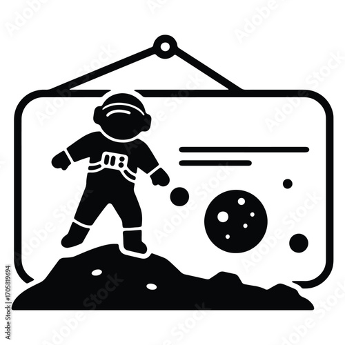 Astronaut on the Moon with Celestial Body Illustration Hanging on the Wall Space Exploration and Scientific Display Black and White