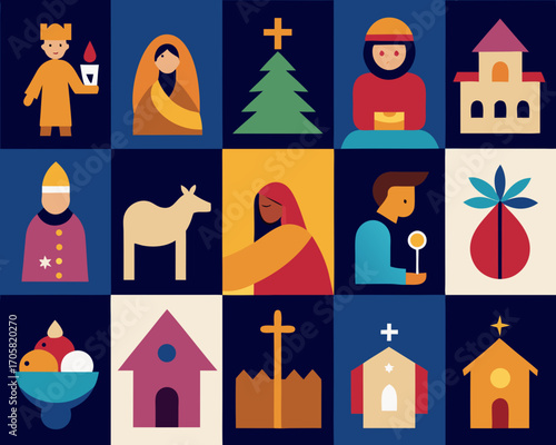 Geometric nativity scene icons with religious and christmas symbols