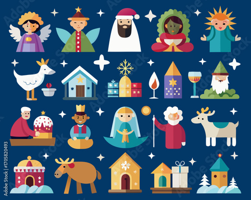 Colorful flat design nativity scene characters and elements