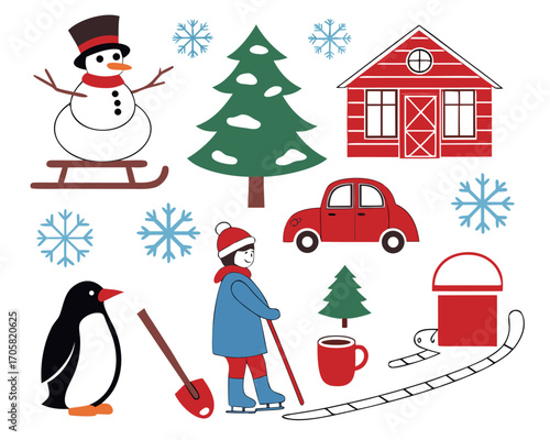 Winter fun elements with snowman penguin and skater