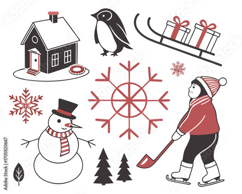 Charming winter scene elements with snowman penguin and skater