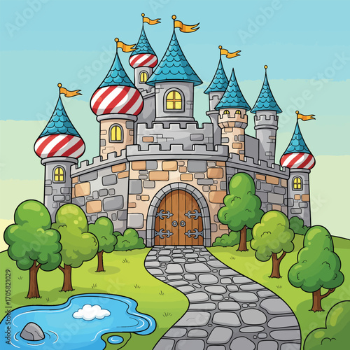A whimsical fairytale castle with colorful towers stone walls and yellow flags.