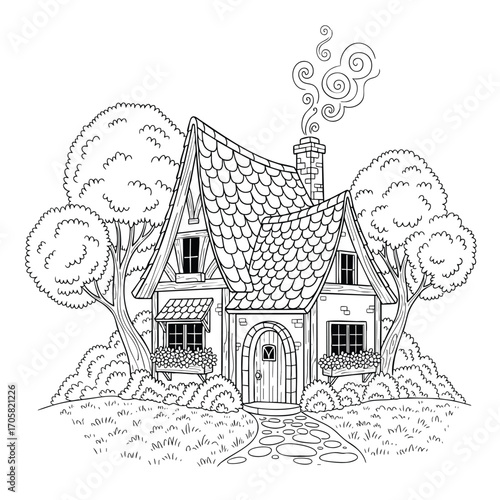 A whimsical fairytale cottage with a smoking chimney a handdrawn line art illustration for a coloring book.