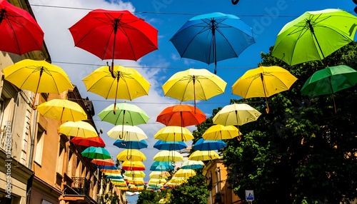 Wallpaper Mural Colorful umbrellas strung along city street Torontodigital.ca