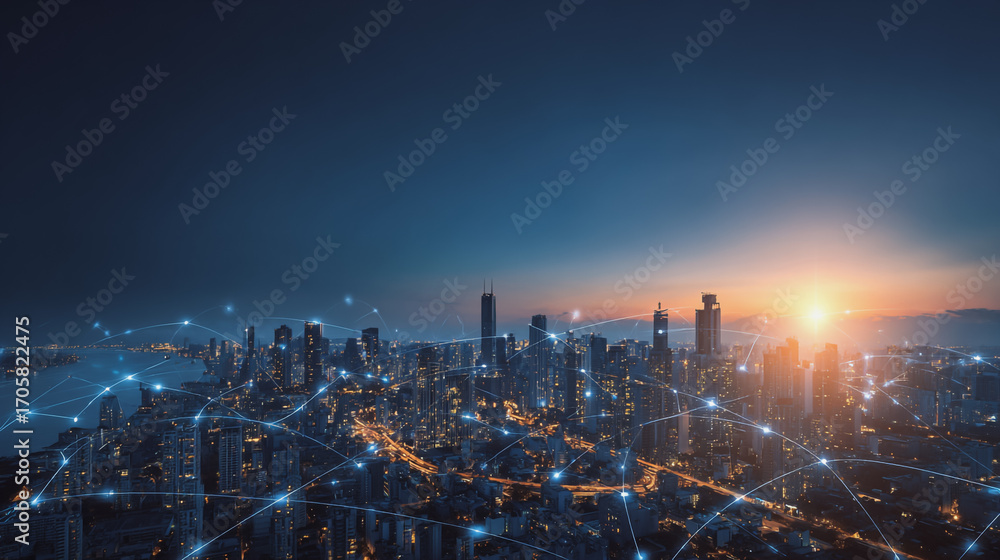 Fototapeta premium Sunshine in the Smart digital Innovation city with connection network reciprocity over the cityscape. of future smart wireless digital city and social media networking systems that connects peop