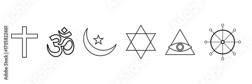 Religion faith, Christian cross, Hindu om, Islam crescent, Jewish star, spiritual eye, Buddhist dharma, divine belief icon vector illustration set.