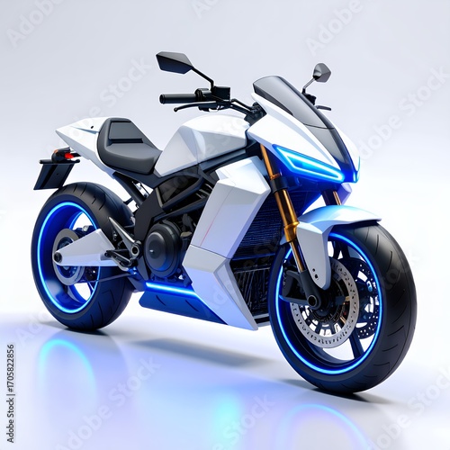 Futuristic electric motorcycle with luminous blue accents on a bright display on white background