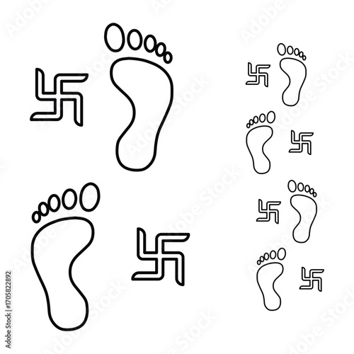Footprint Swastik, Hindu culture, spiritual belief, traditional faith, religious ritual, sacred heritage, divine worship icon vector illustration set.