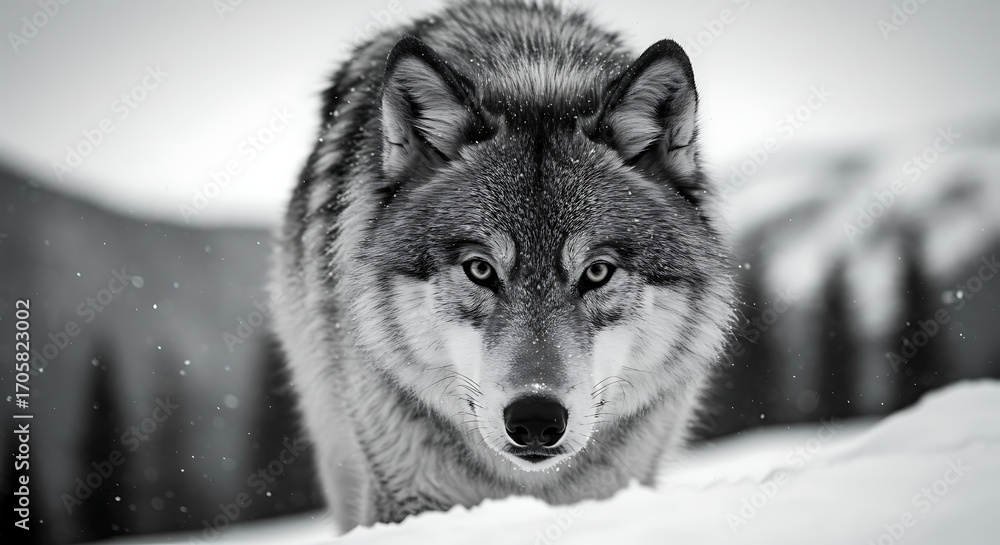 Naklejka premium A powerful black and white portrait of a beautiful wolf looking with intense eyes, a majestic and wild animal in its natural forest habitat.