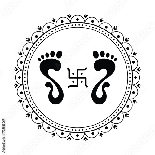Lakshmi paduka symbol, Diwali puja icon, Swastik mandala design, Hindu festive art, traditional footprint vector, Indian spiritual emblem vector illustration.