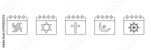 Religion festival, holy calendar, sacred date, cultural celebration, spiritual holiday, worship event, faith tradition, belief symbol icon vector illustration set.