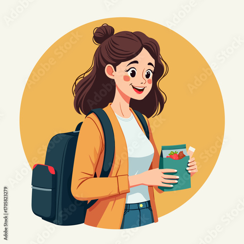Young woman carrying a backpack and holding snacks in a cheerful manner  