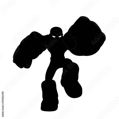 Cartoon character silhouette with large fists isolated on white background