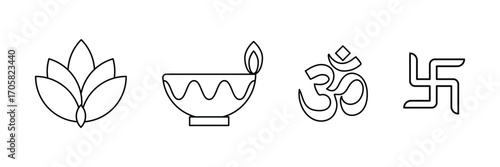 Hindu festival, spiritual lotus, traditional Diya, sacred om, auspicious Swastik, cultural worship, divine celebration, holy prayer, peace icon vector illustration set.