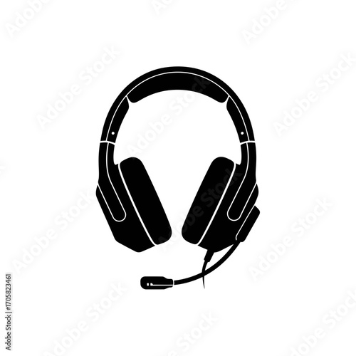 Black silhouette of gaming headphones with microphone isolated on white background