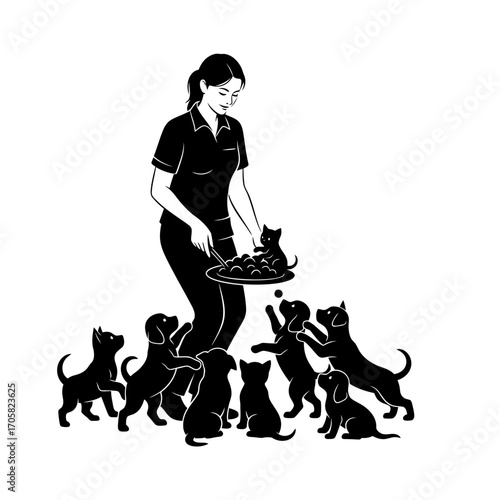 Woman feeding puppies and kitten silhouette isolated on white background