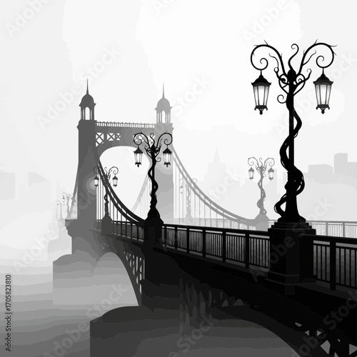 Ornate lampposts on a suspension bridge in silhouette isolated on white background