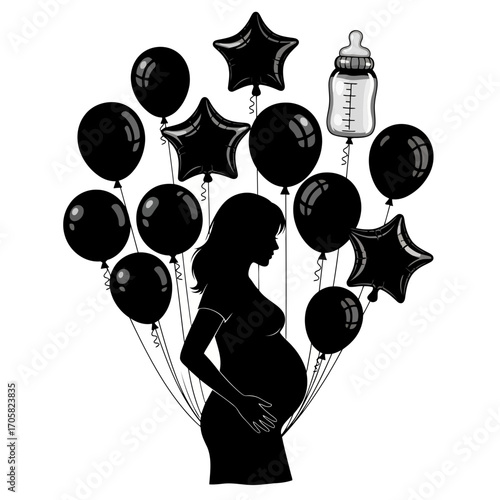 Pregnant woman silhouette with balloons and baby bottle isolated on white background