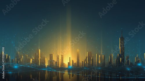 Sunshine  in the Smart digital Innovation city with connection network reciprocity over the cityscape. of future smart wireless digital city and social media networking systems that connects peop