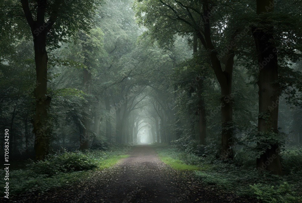 Fototapeta premium Forest path shrouded in mist, green foliage, and towering trees, creating an ethereal and atmospheric woodland scene