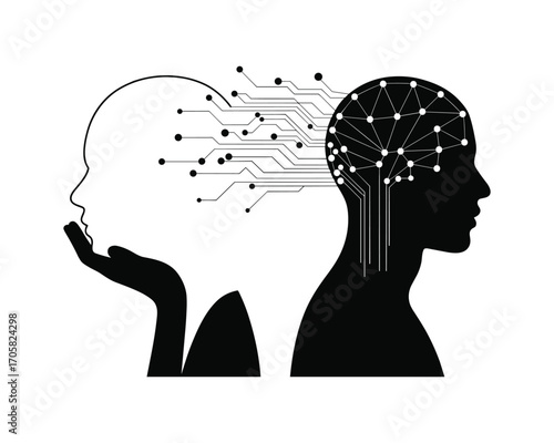  human head profiles with circuit board brain with ai concept 