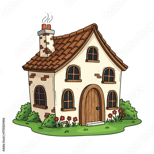 Charming cartoon fairytale cottage with a stone chimney arched windows and a brown tiled roof.