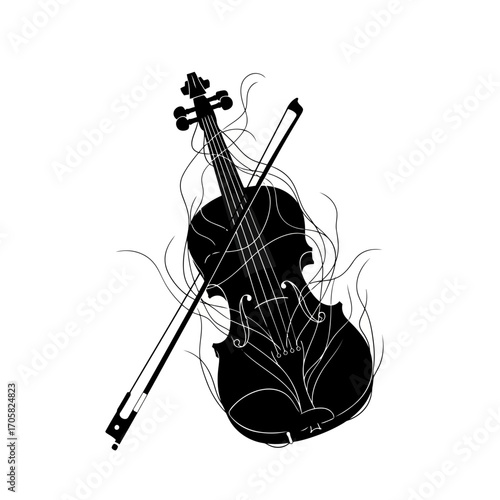 Black violin and bow silhouette with swirling lines isolated on white background