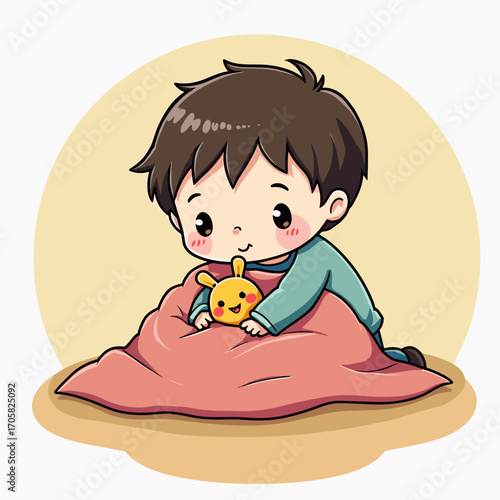 Young boy playing with stuffed animal while sitting on floor  