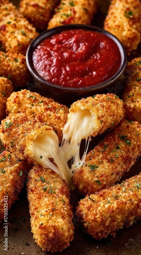 Golden, crispy mozzarella sticks are arranged with a bowl of vibrant red marinara sauce, one stick broken open revealing stringy melted cheese inside
