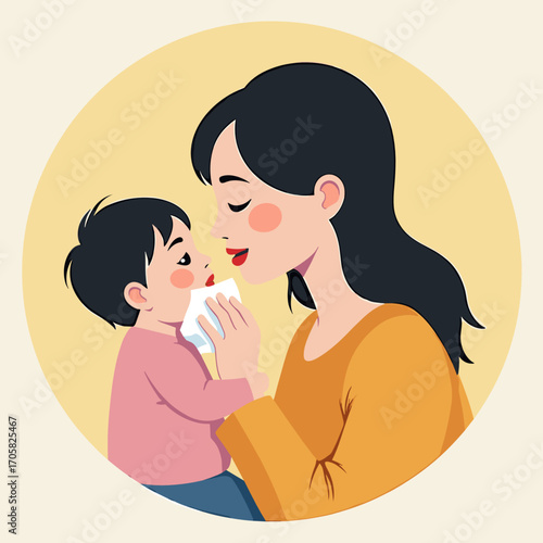 Mother nurturing her baby with gentle affection in circular illustration  