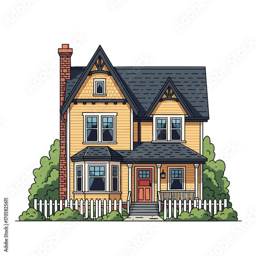Charming illustrated yellow Victorianstyle house with a front porch and white picket fence.