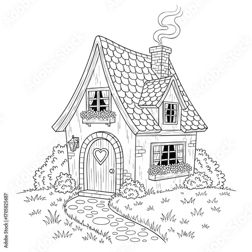Charming handdrawn fairytale cottage with a smoking chimney a line art illustration for coloring.